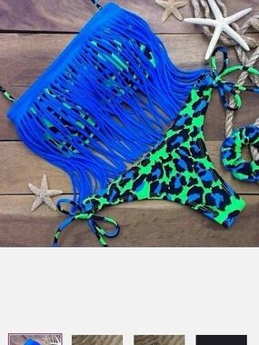 Blue Fringe & Green Leopard  Two-Piece Swim Set